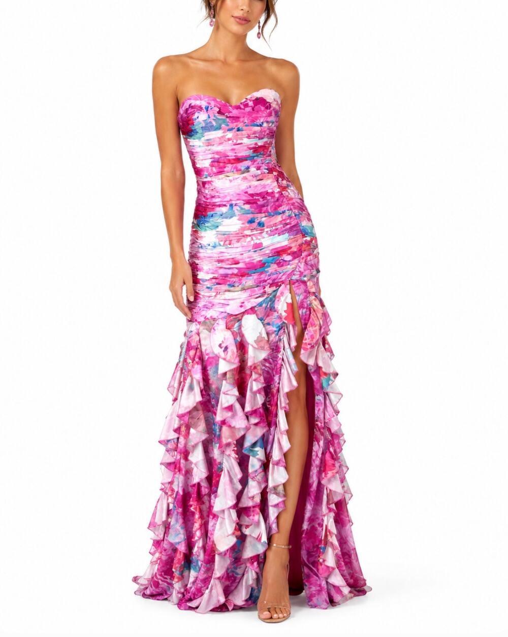 Jovani 47552 Pink Evening Gown Strapless Floral Print Satin Mermaid Dress Size 6